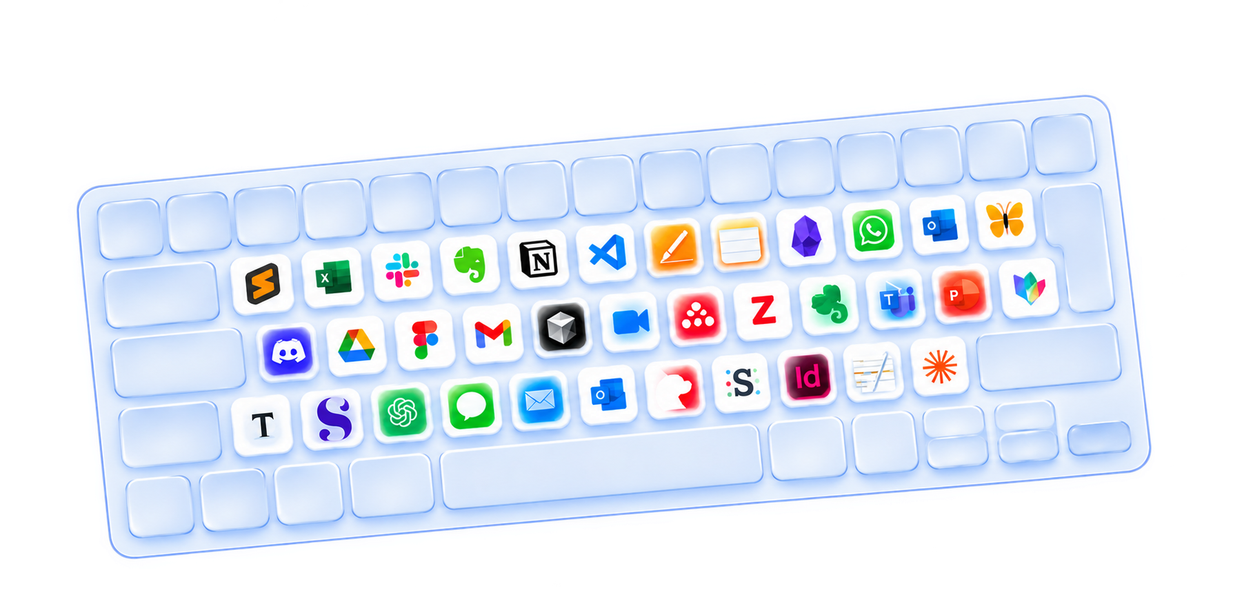Illustrated keyboard showing a variety of writing and productivity apps